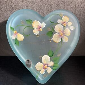 Fenton Hand Painted Blue Glass Heart Jewelry Box Signed Nancy & Lynn Fenton